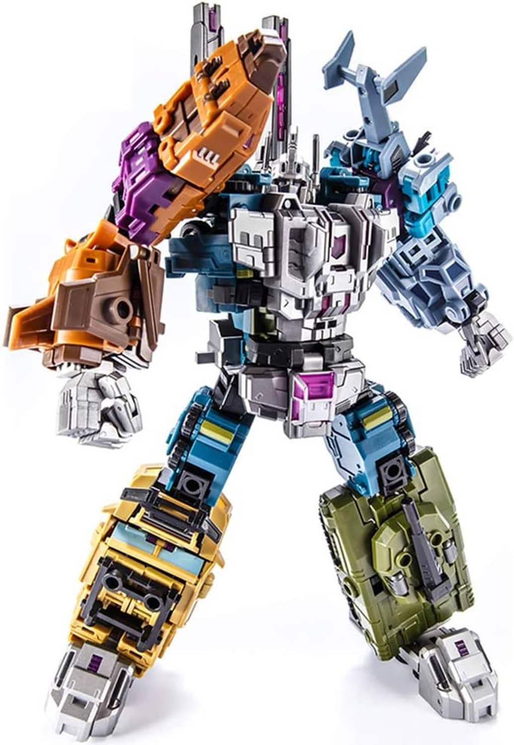 Dynamic robot model set with orange, blue, green, and white mecha in full-body pose