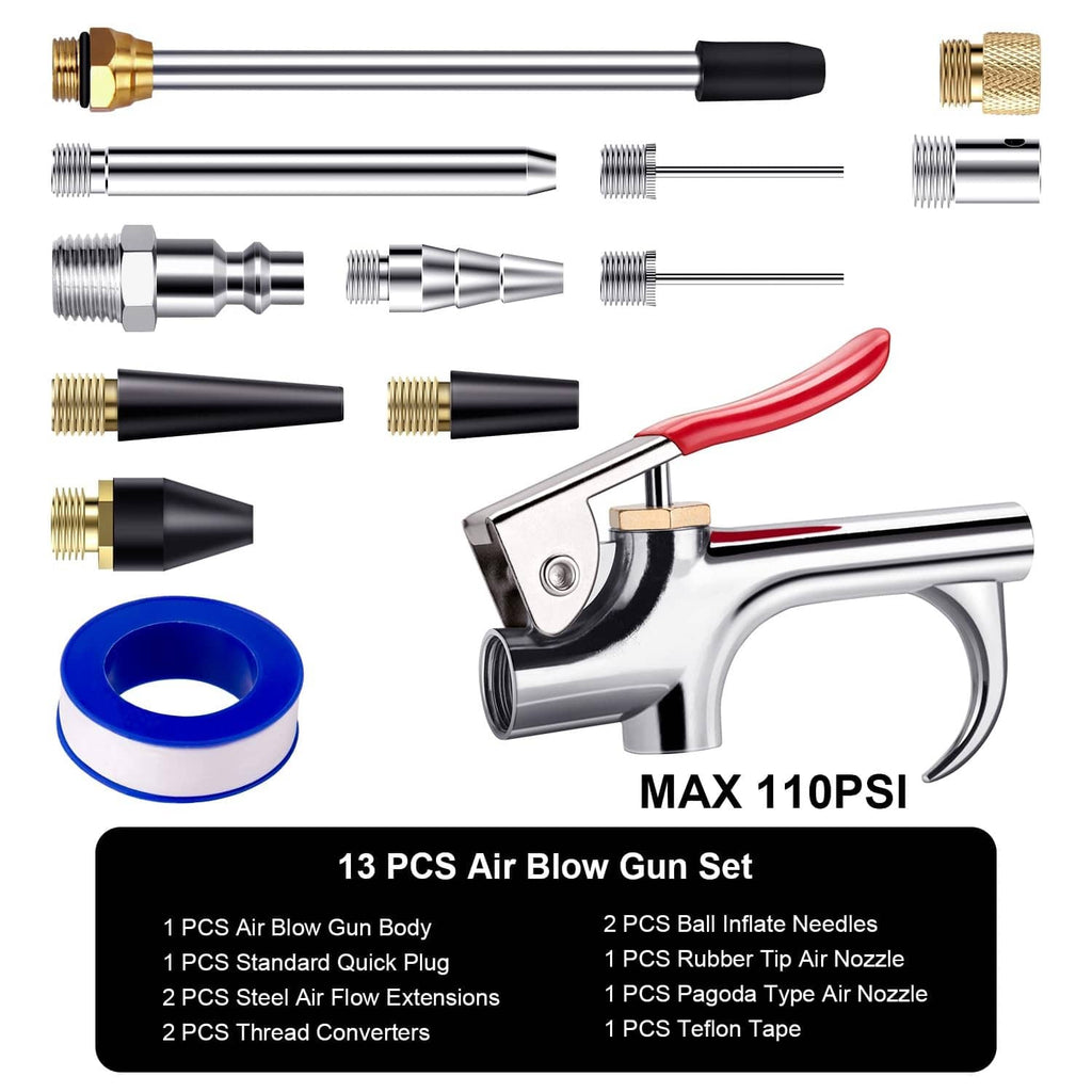 13-piece air blow gun kit with red handle, black tips, brass adapters, and metal nozzles
