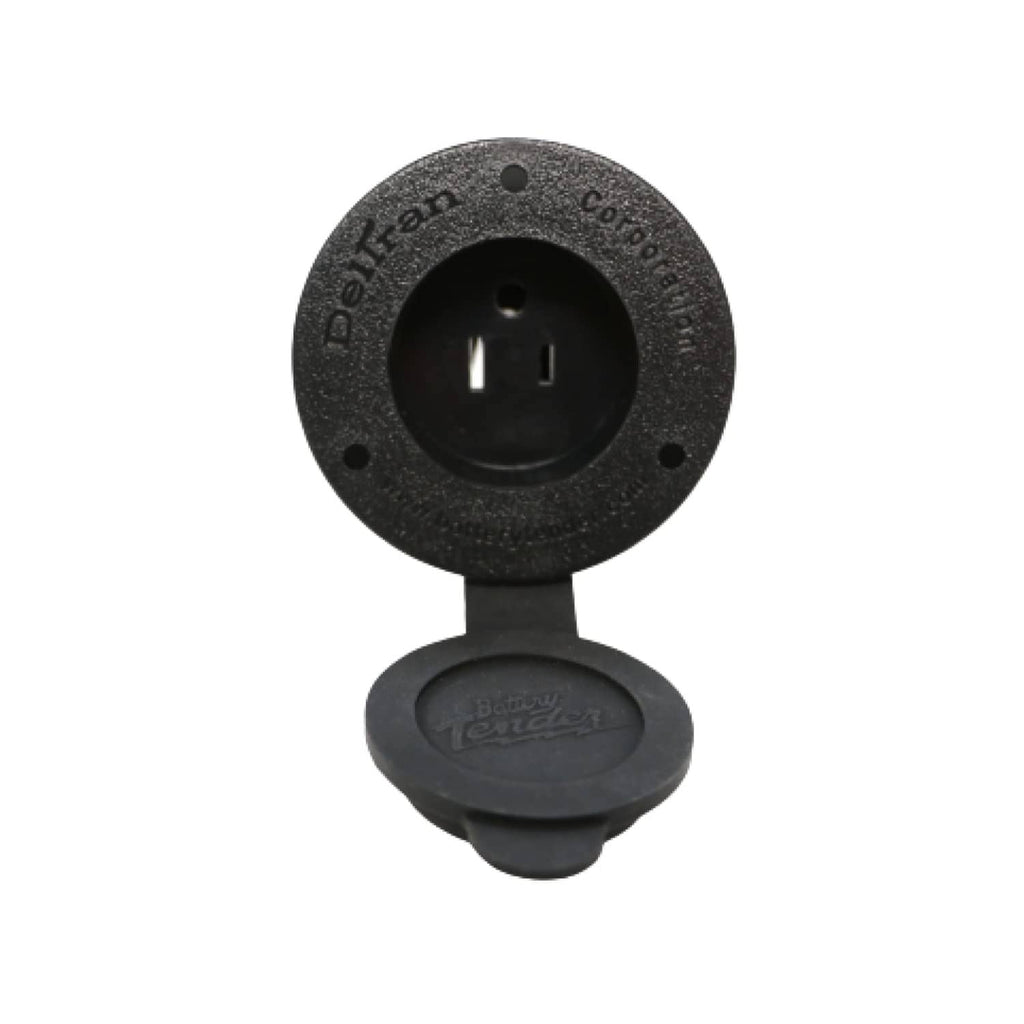 Black AC power port receptacle base with two-slot outlet and screw holes