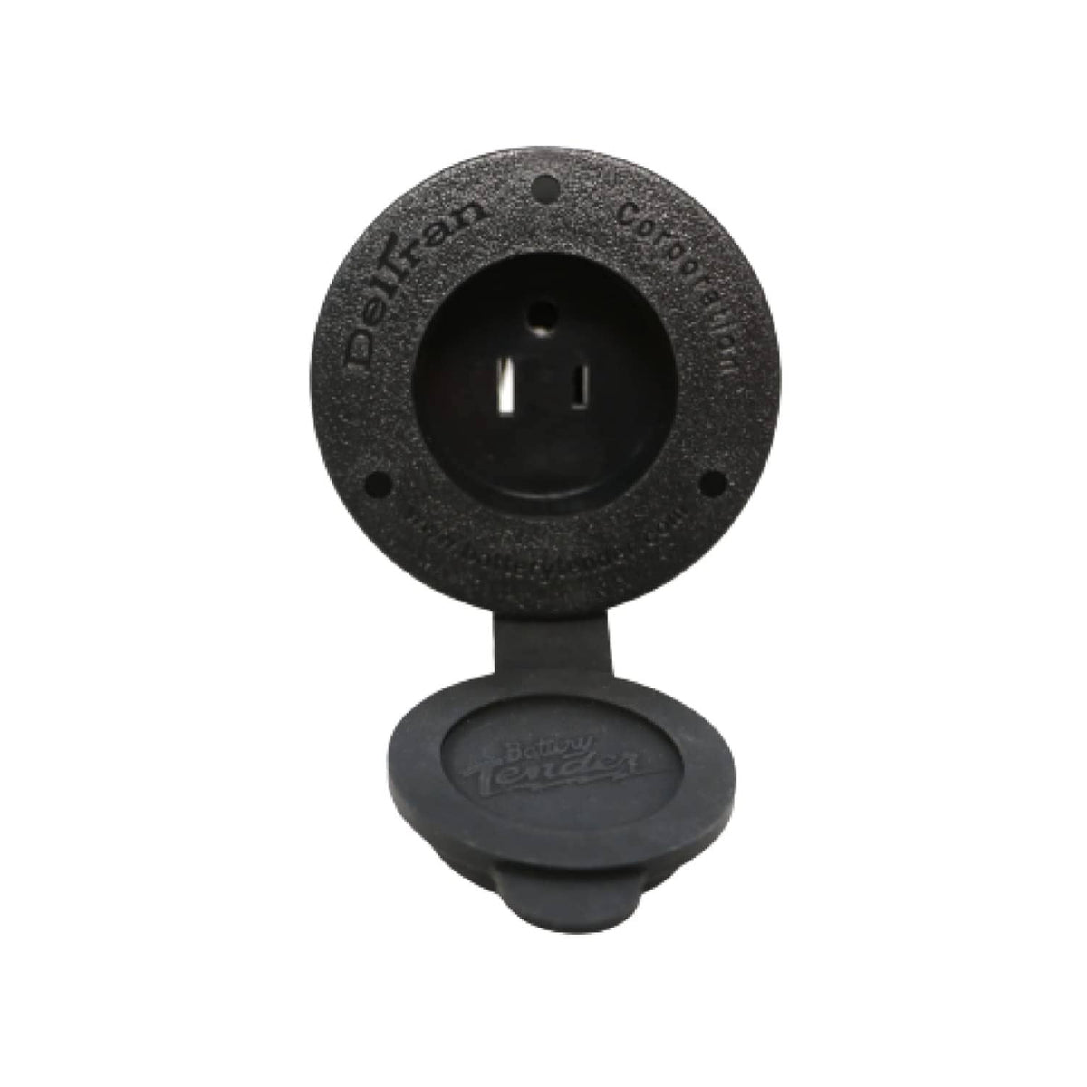 Black AC power port receptacle base with two-slot outlet and screw holes