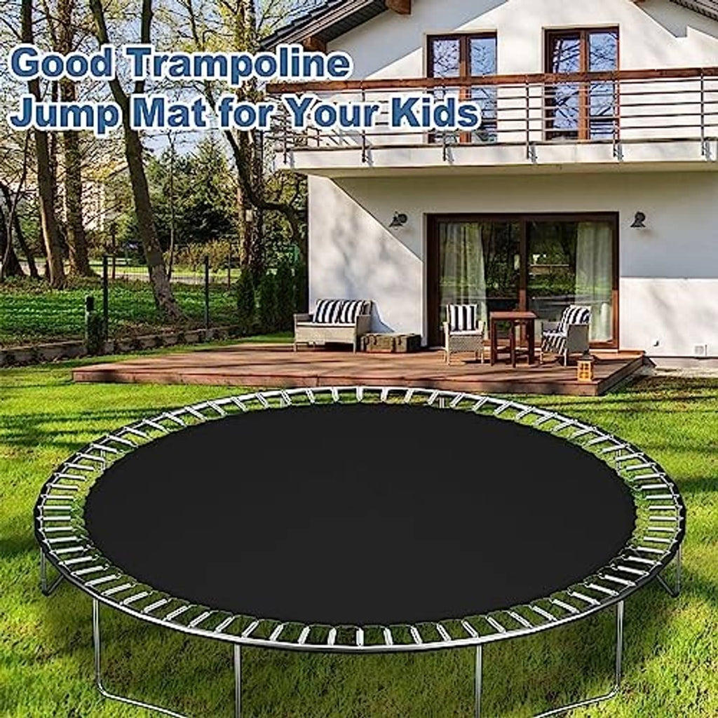 Round black trampoline replacement mat with patterned edge on a metal frame