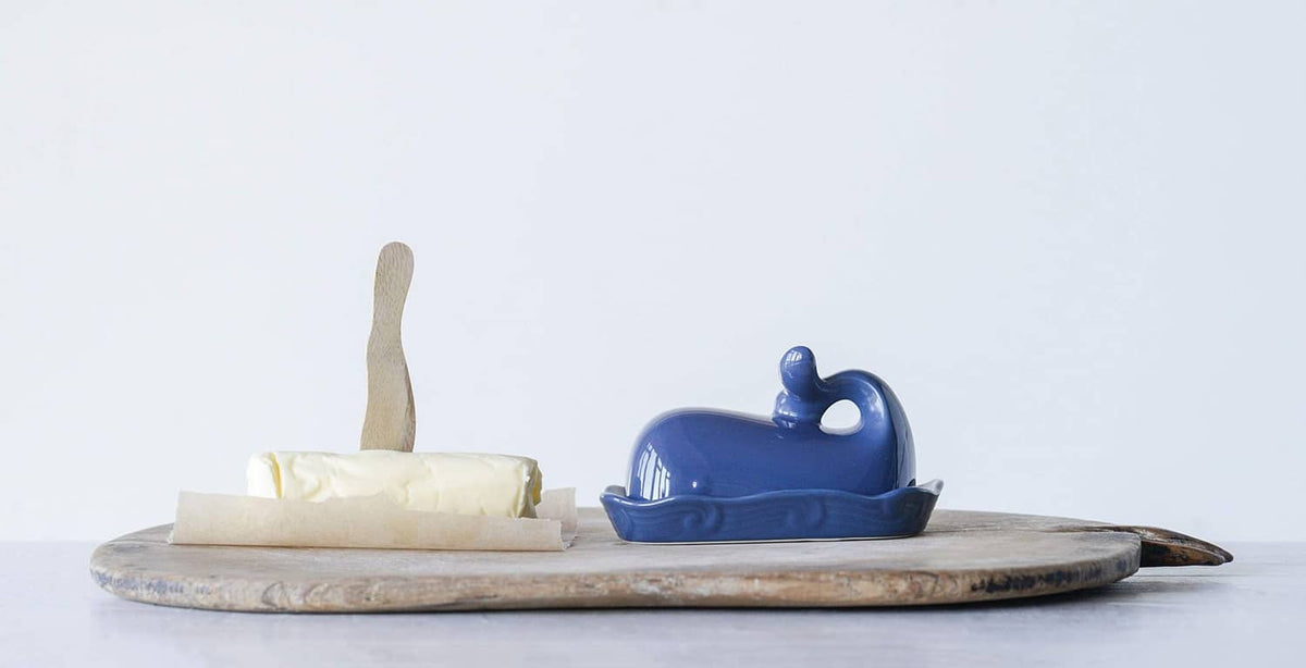 Dark blue whale-shaped butter dish with glossy lid
