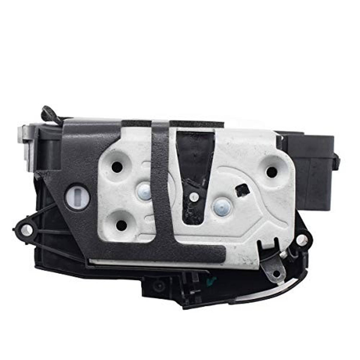 Door lock latch actuator with light gray metal plate and black plastic housing