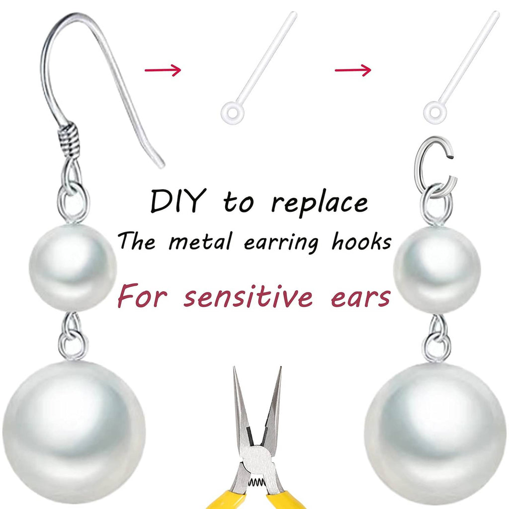 Replacement earring posts with parallel rings, shown on hanging pearl earrings