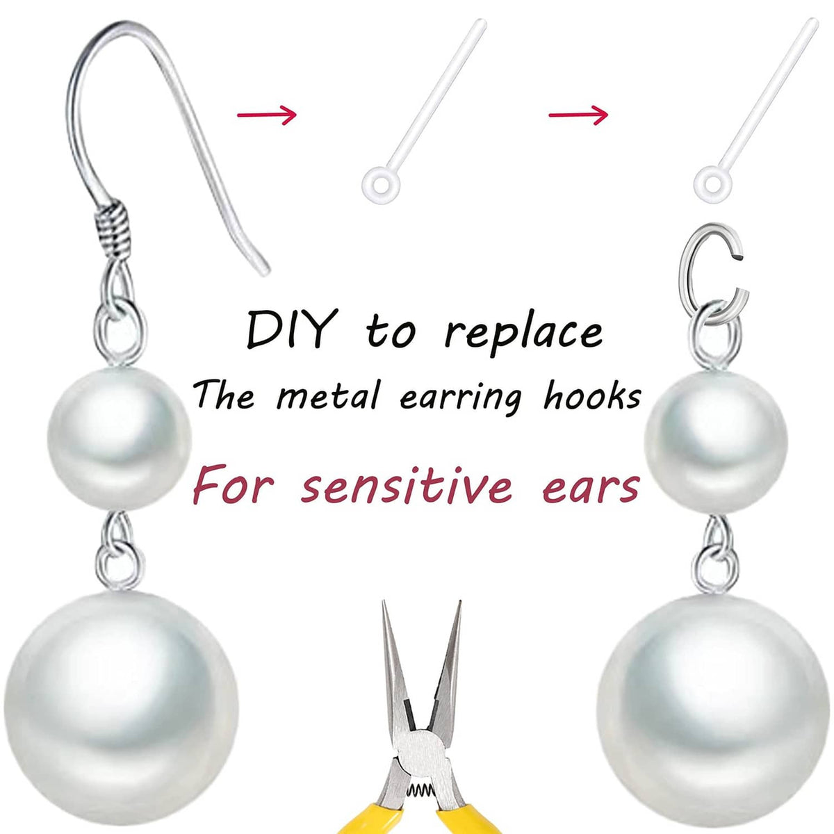 Replacement earring posts with parallel rings, shown on hanging pearl earrings