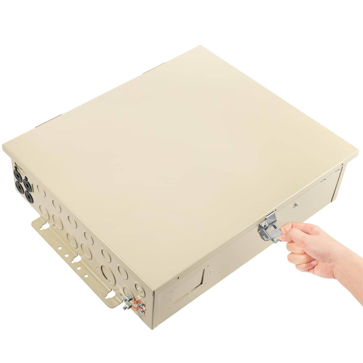 Pool and spa power center enclosure with front latch and removable cover