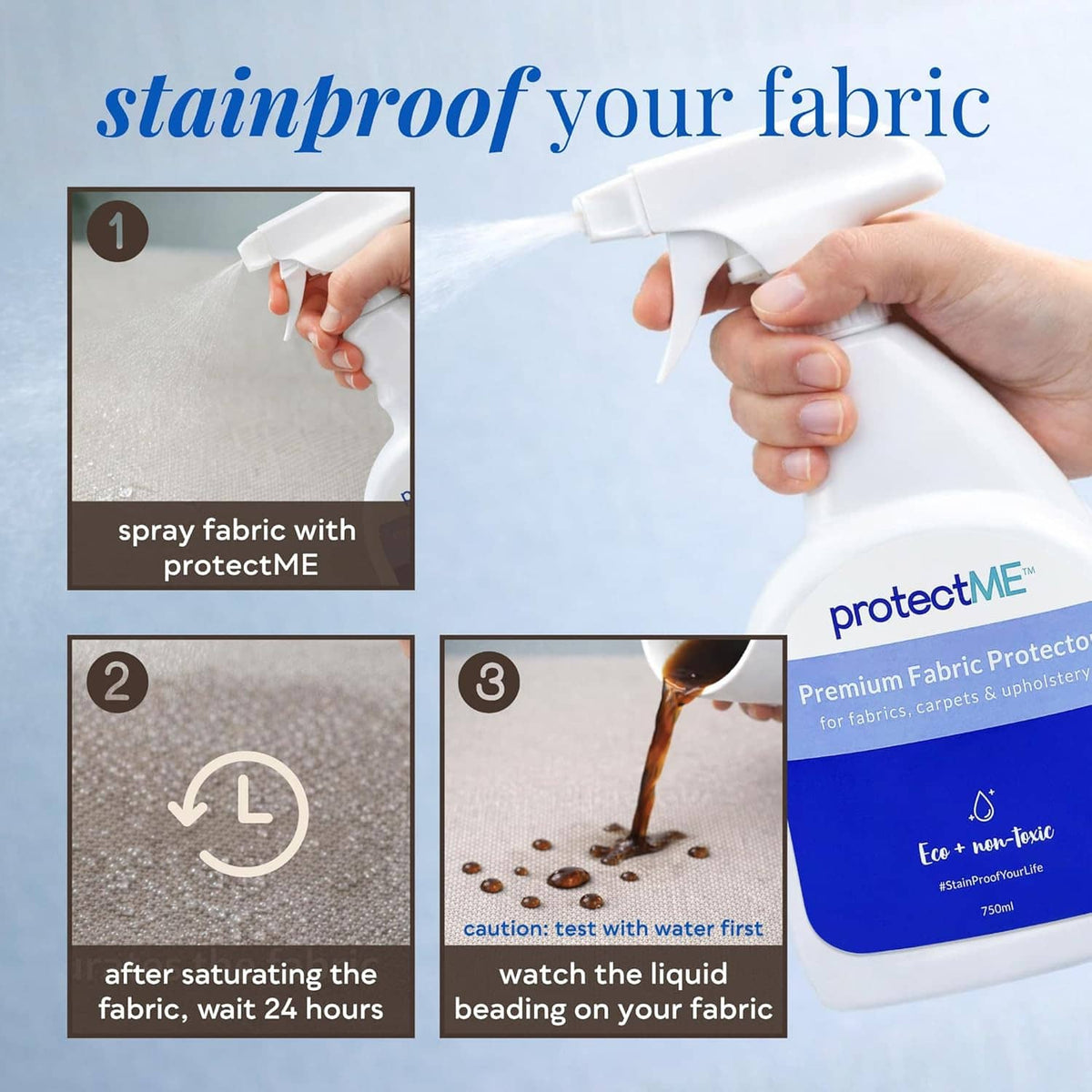 Fabric protector spray bottle with step-by-step instructions for stain-proofing fabric