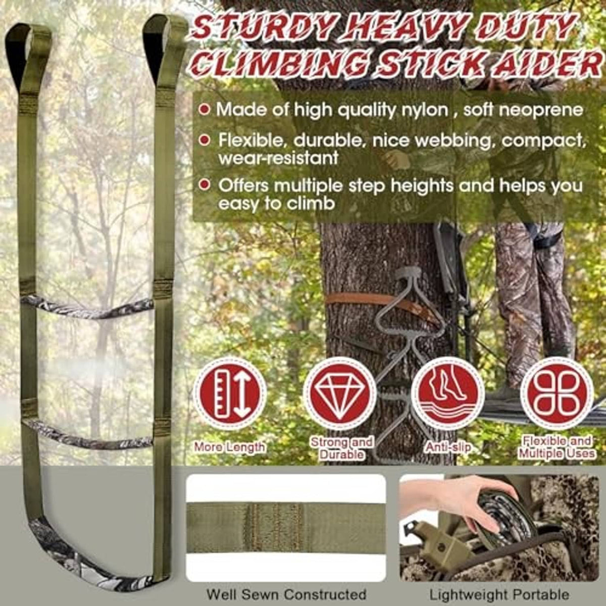 Three-step camo climbing stick aider with nylon webbing straps and step padding