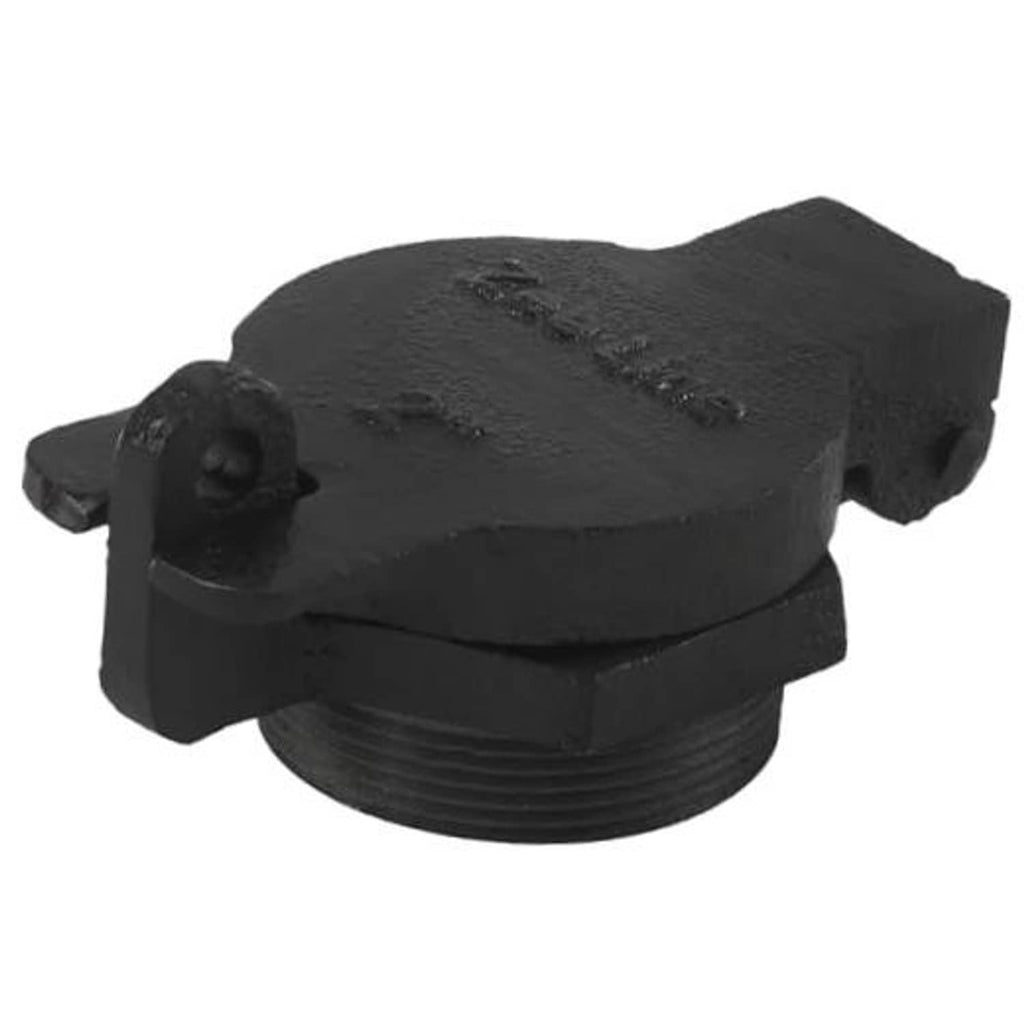 Black 2-inch flip-top vented locking fill cap with side tabs and threaded opening