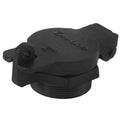 Black 2-inch flip-top vented locking fill cap with side tabs and threaded opening