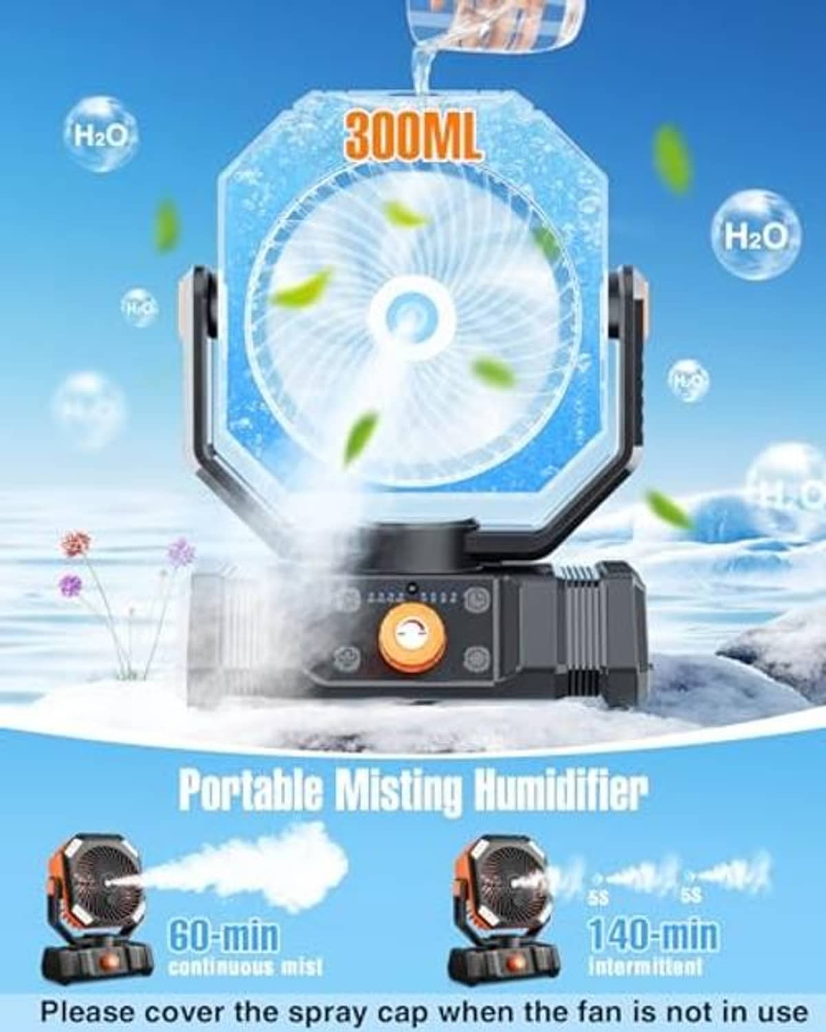 Portable misting fan with spray mist, black housing and orange control knob