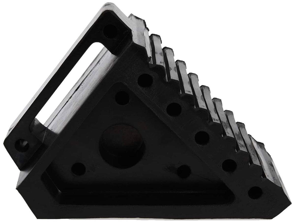 Black rubber wheel chock with ribbed traction and round recess on triangular base