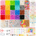 Bracelet making kit with multicolor clay beads, charms, letter beads, and bracelet strands