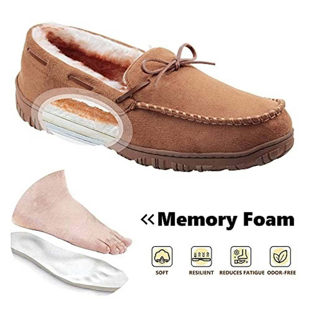 Men’s brown moccasin slipper with plush lining and cutaway showing cushioned insole