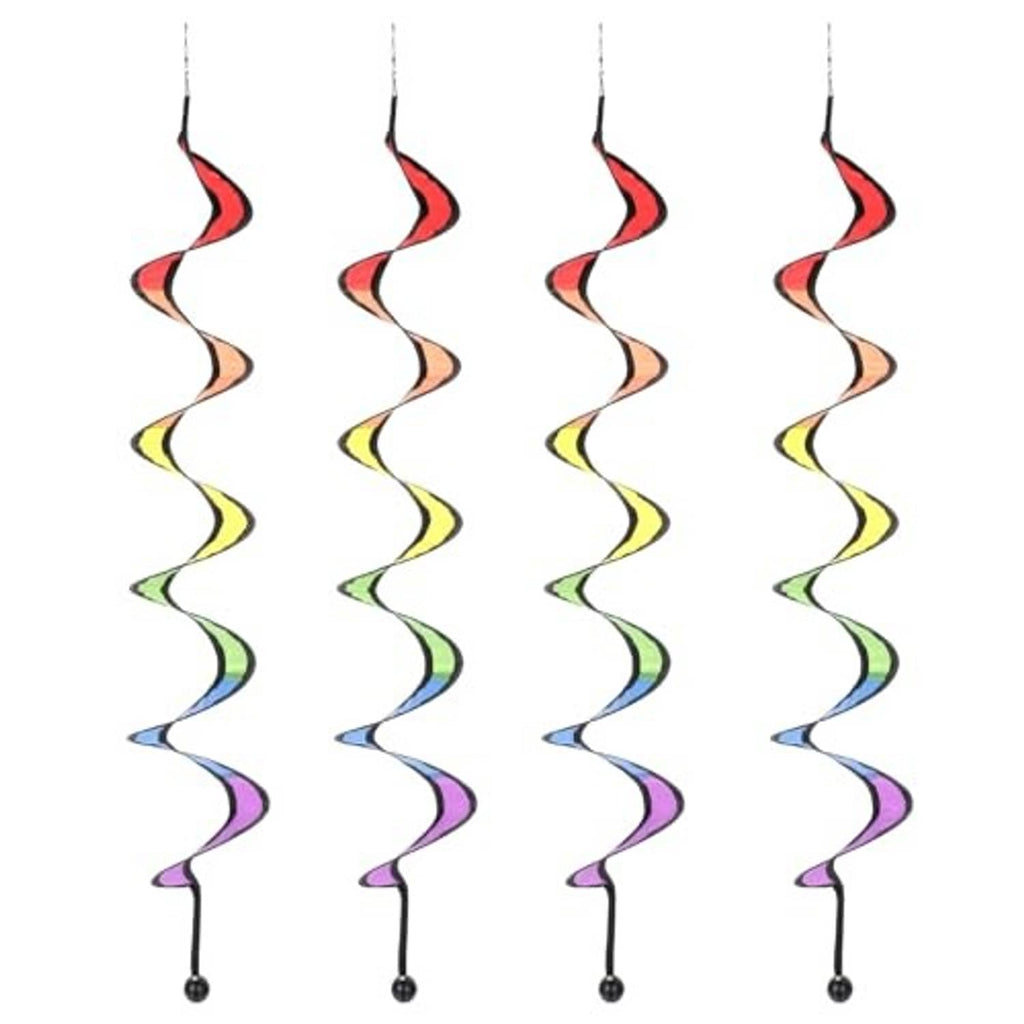 Four rainbow hanging wind spinners with black caps and multicolor wavy bodies