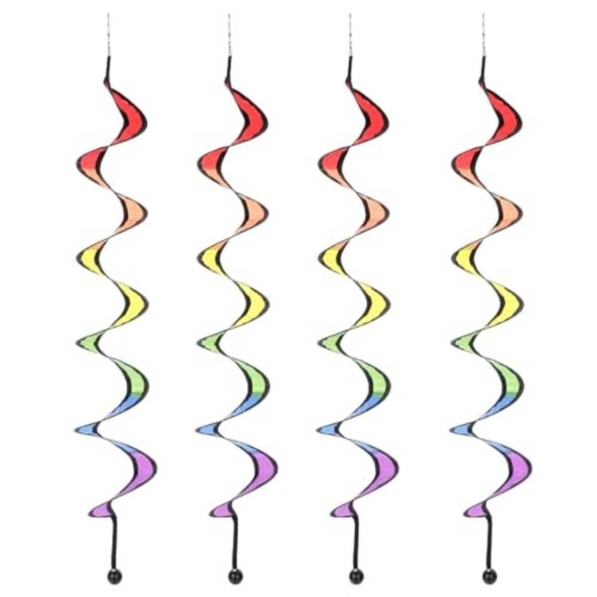 Four rainbow hanging wind spinners with black caps and multicolor wavy bodies