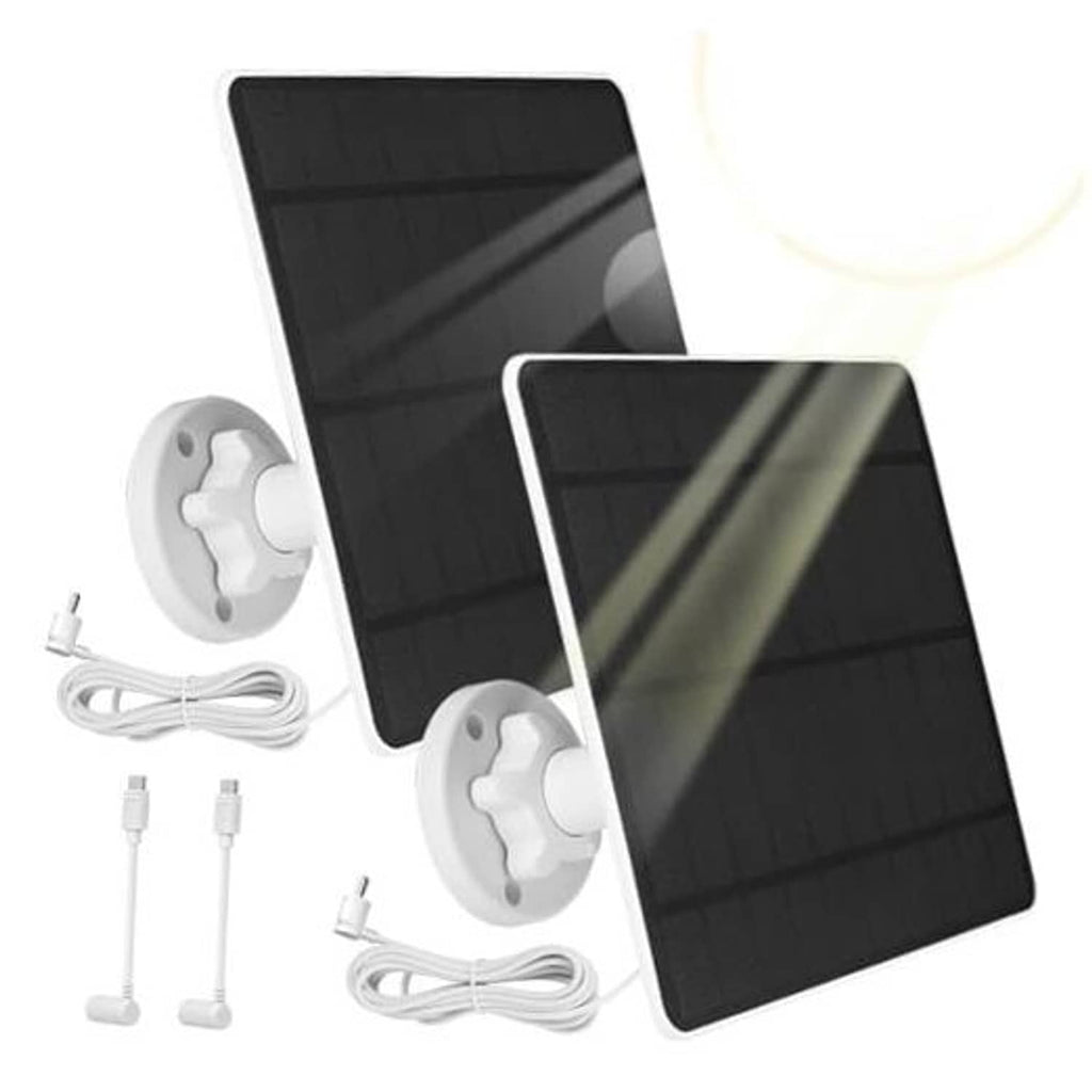 Solar panel charger 2-pack with black panels, mounting brackets, and white cable set
