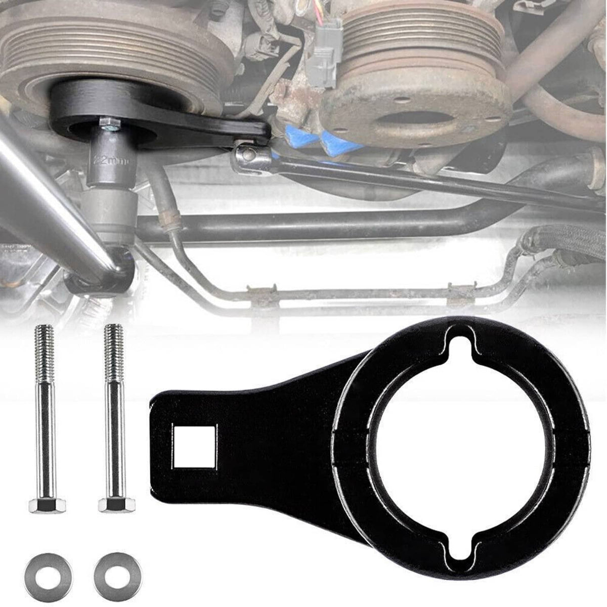 Black holding tool and included bolts with washers for crankshaft damper work