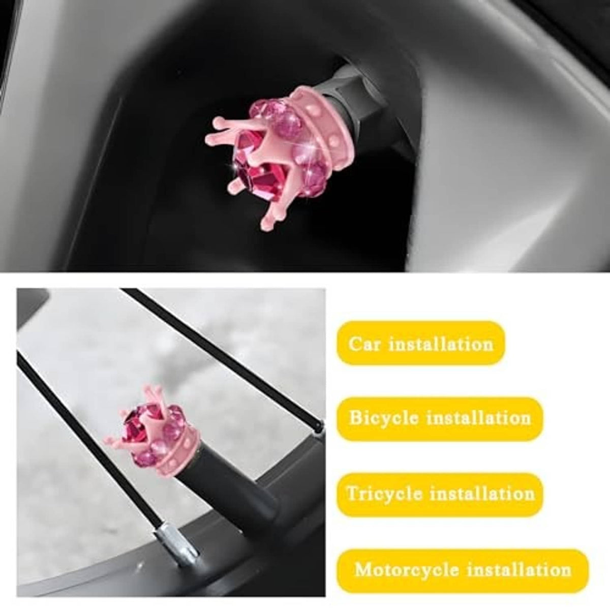 Pink crown tire valve cap with rhinestone accents on vehicle wheel opening