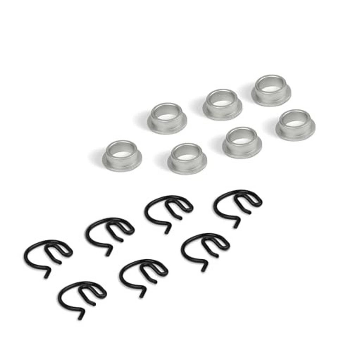 Manual shifter bushing kit featuring silver steel sleeves and black spring clips