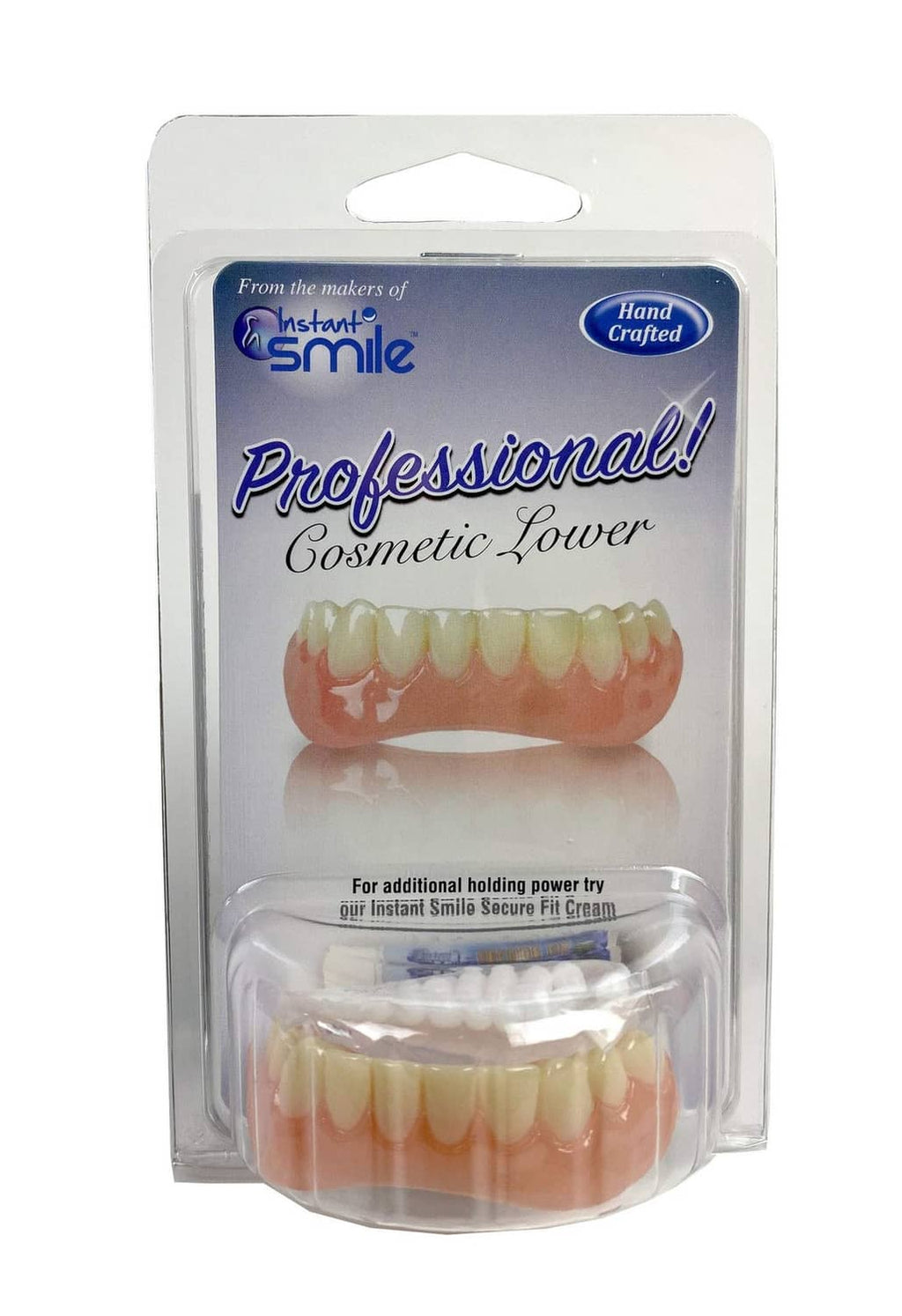 Professional cosmetic lower teeth set in blister pack, Hand Crafted Instant Smile brand.