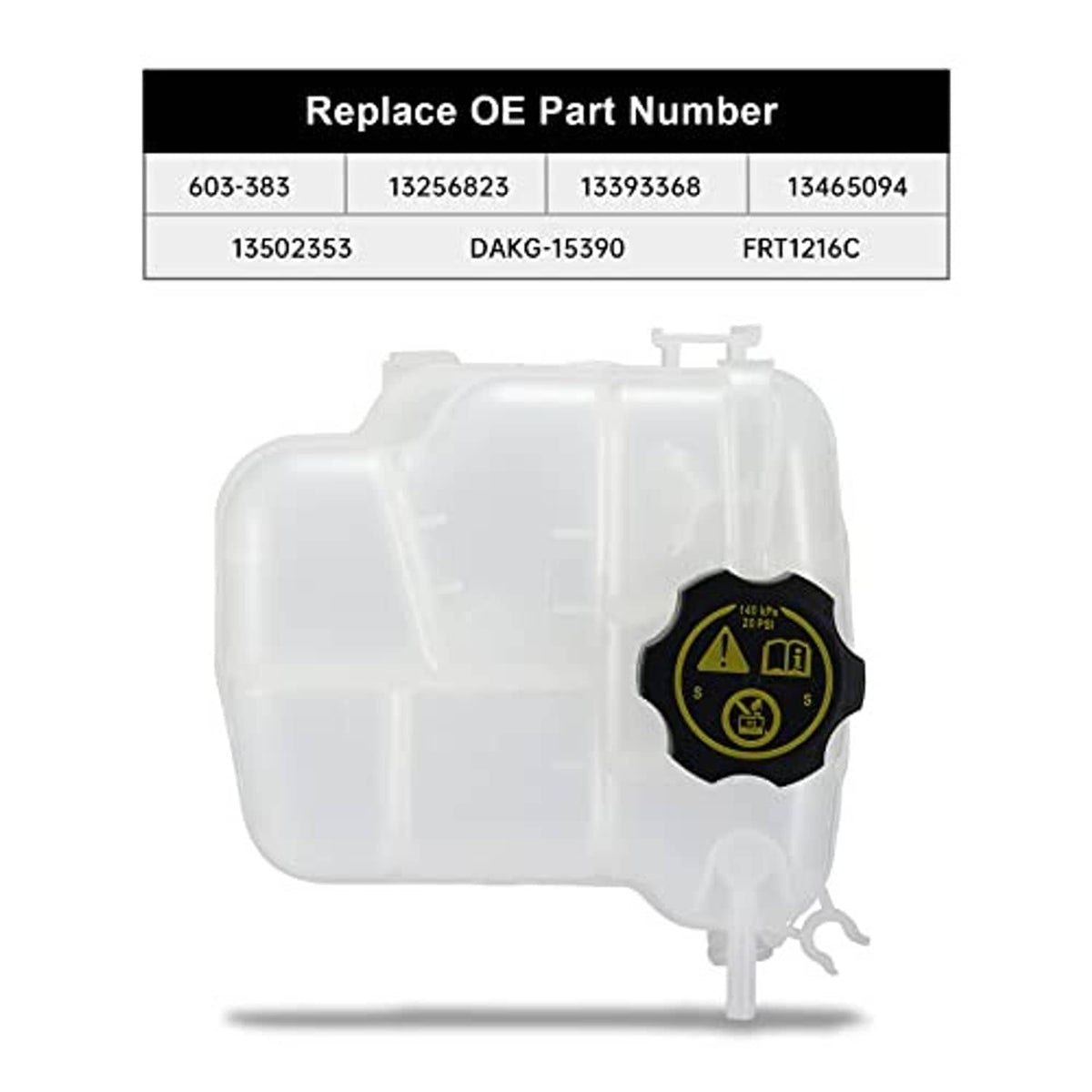 White coolant reservoir tank with black cap and side mounting bracket