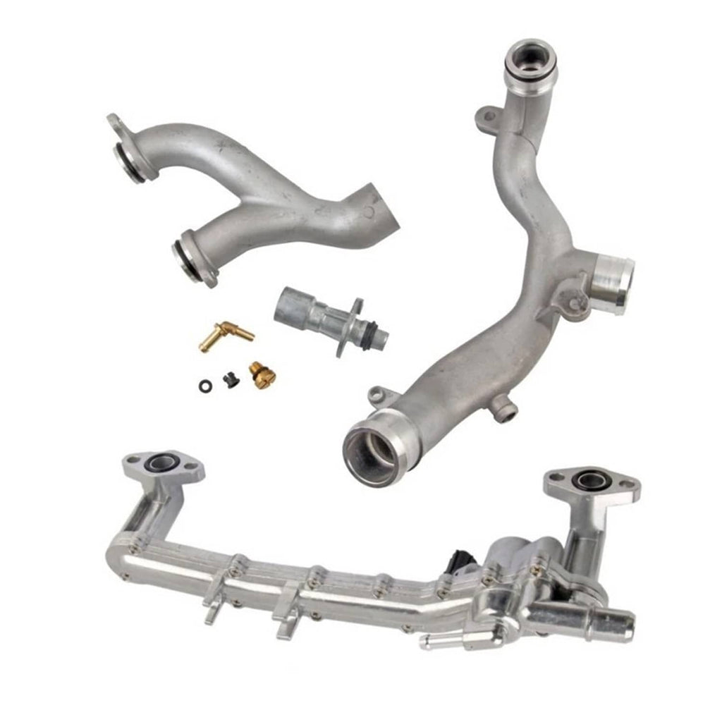 Metal coolant pipe kit with curved tubes, flanges, and hose connectors