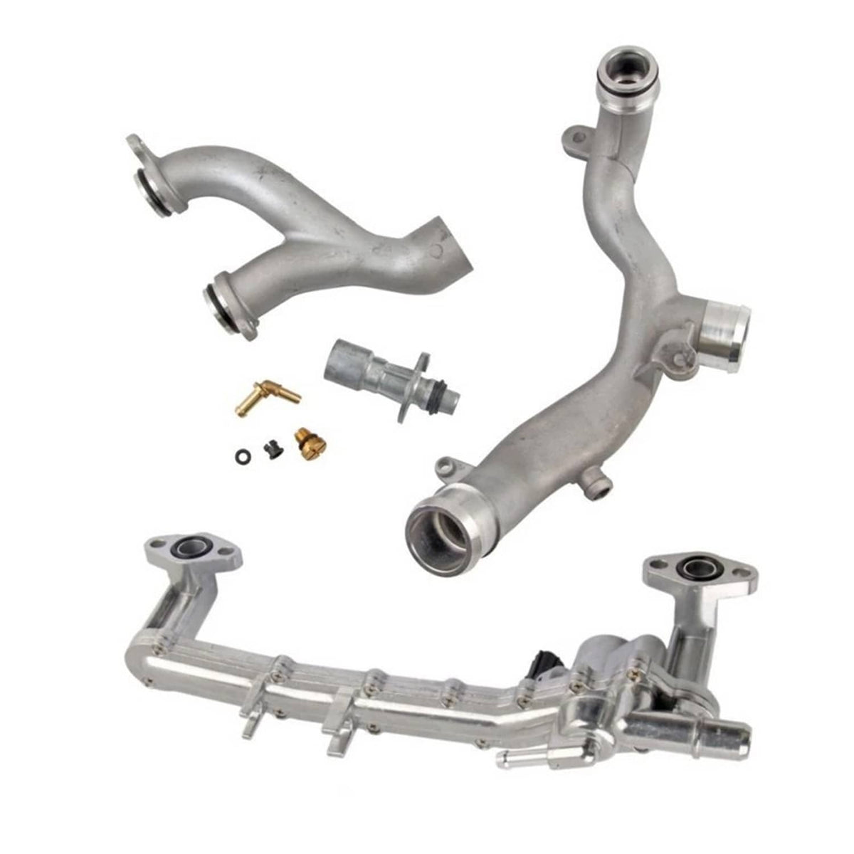 Metal coolant pipe kit with curved tubes, flanges, and hose connectors
