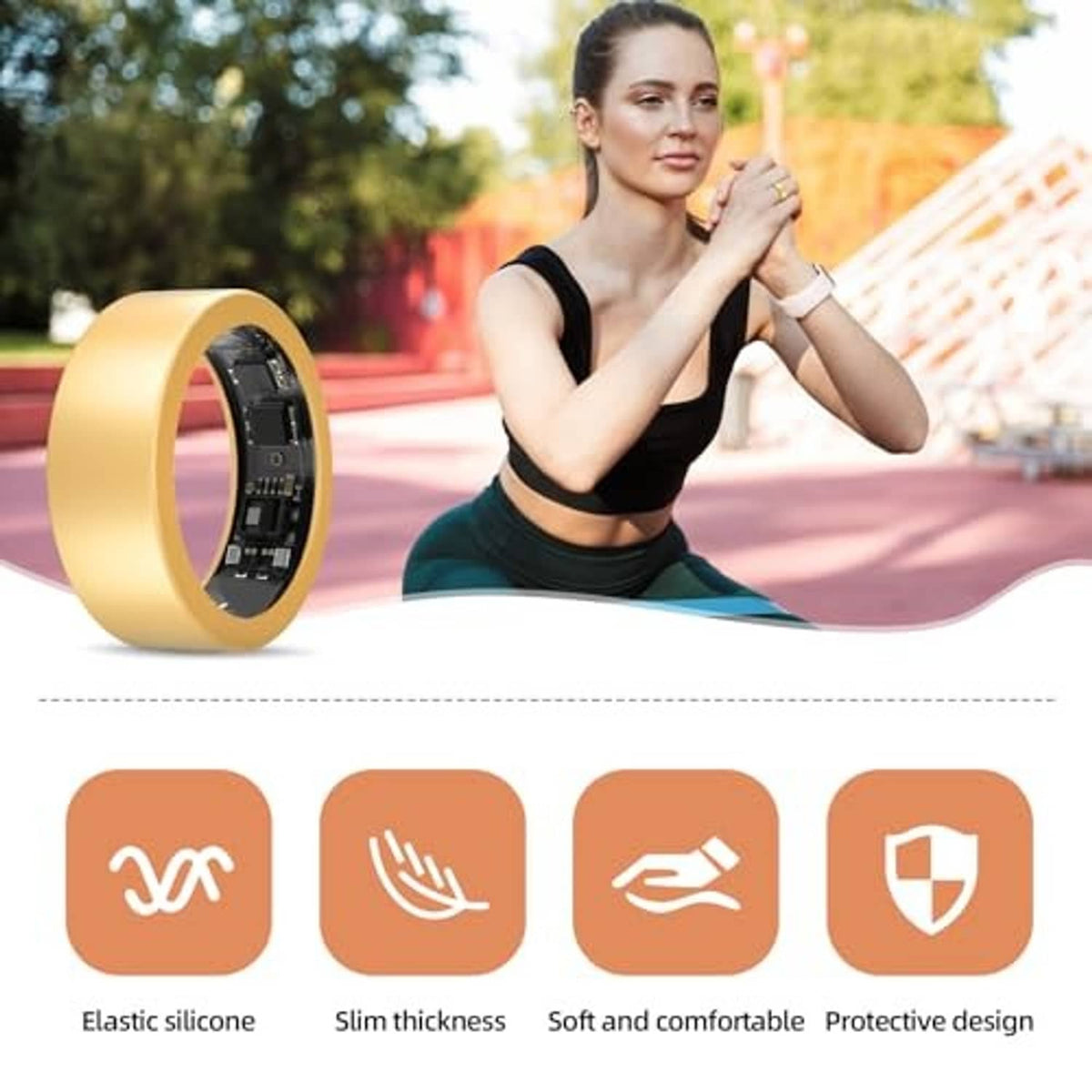 Silicone ring protector sleeves, gold and light-gray, with comfort and protective design icons