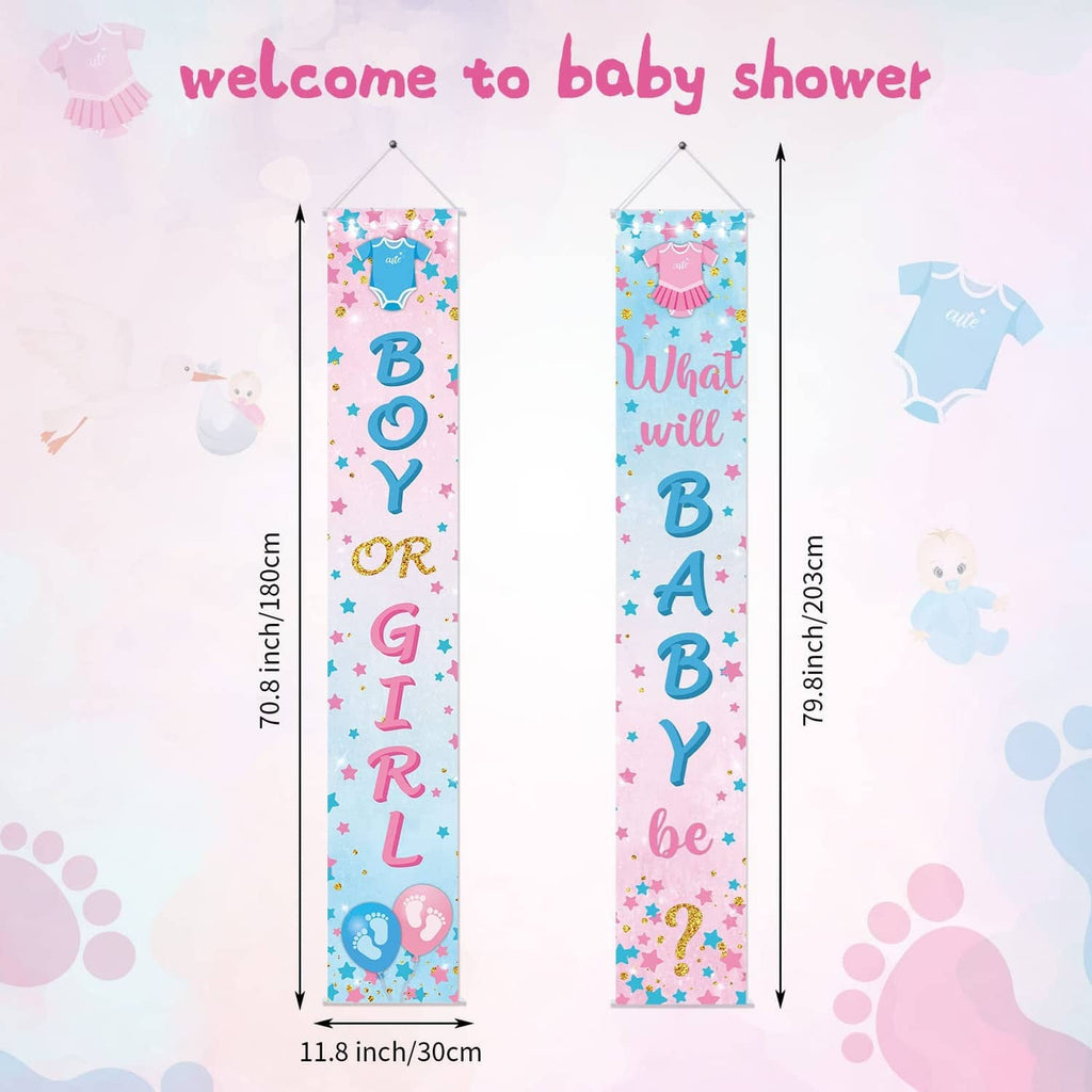 Gender reveal porch banner set with "welcome to baby shower" and size measurements