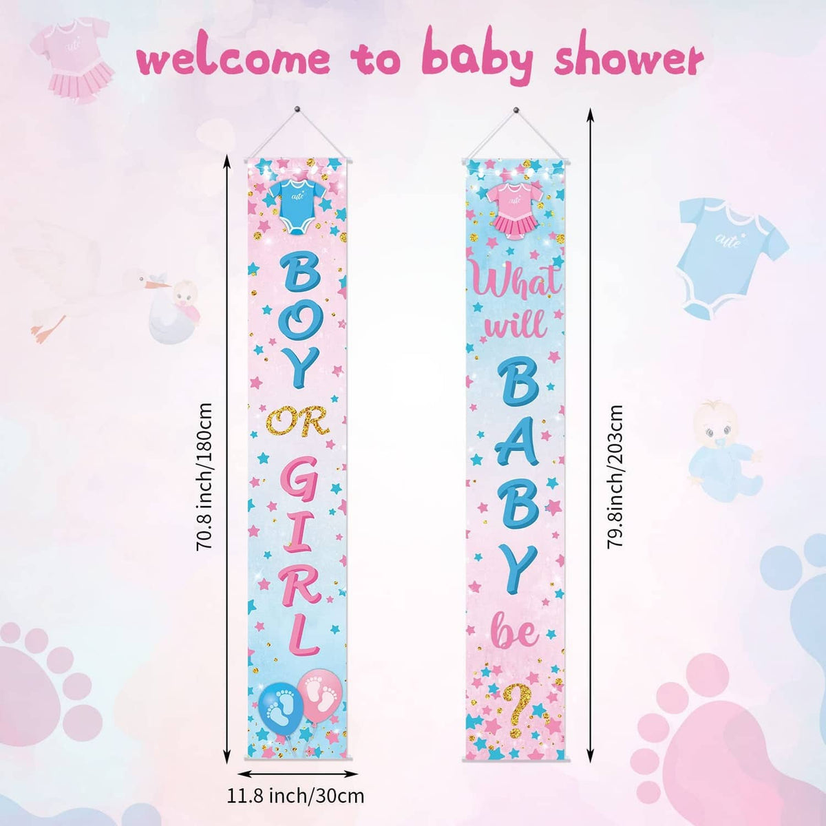 Gender reveal porch banner set with "welcome to baby shower" and size measurements