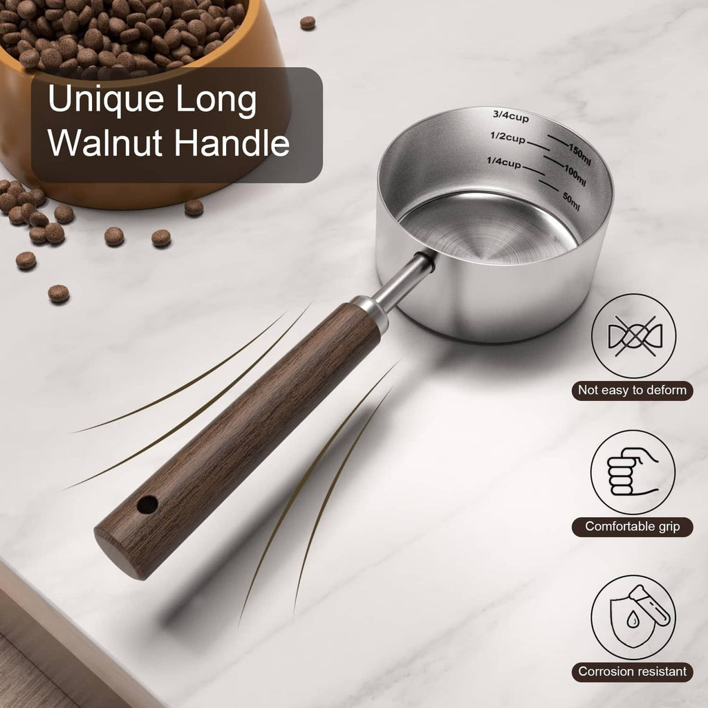 Stainless steel pet food scoop measuring cup with walnut handle and cup markings