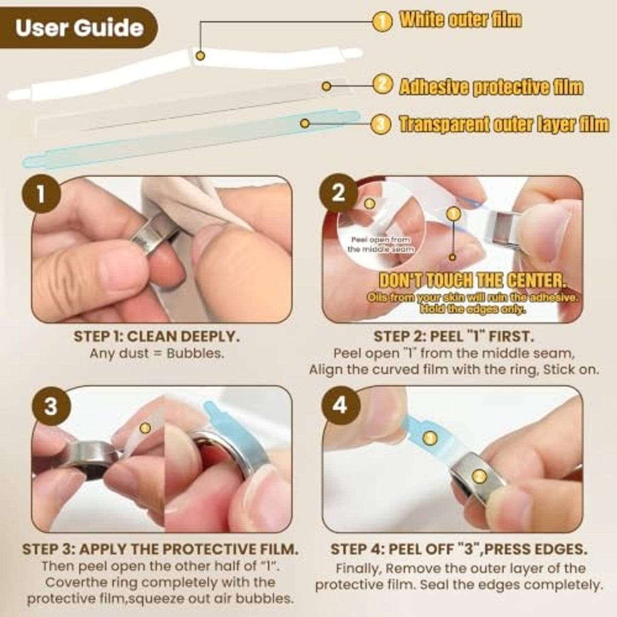 User guide diagram for clear Oura Ring protector layers and peel-and-apply steps.