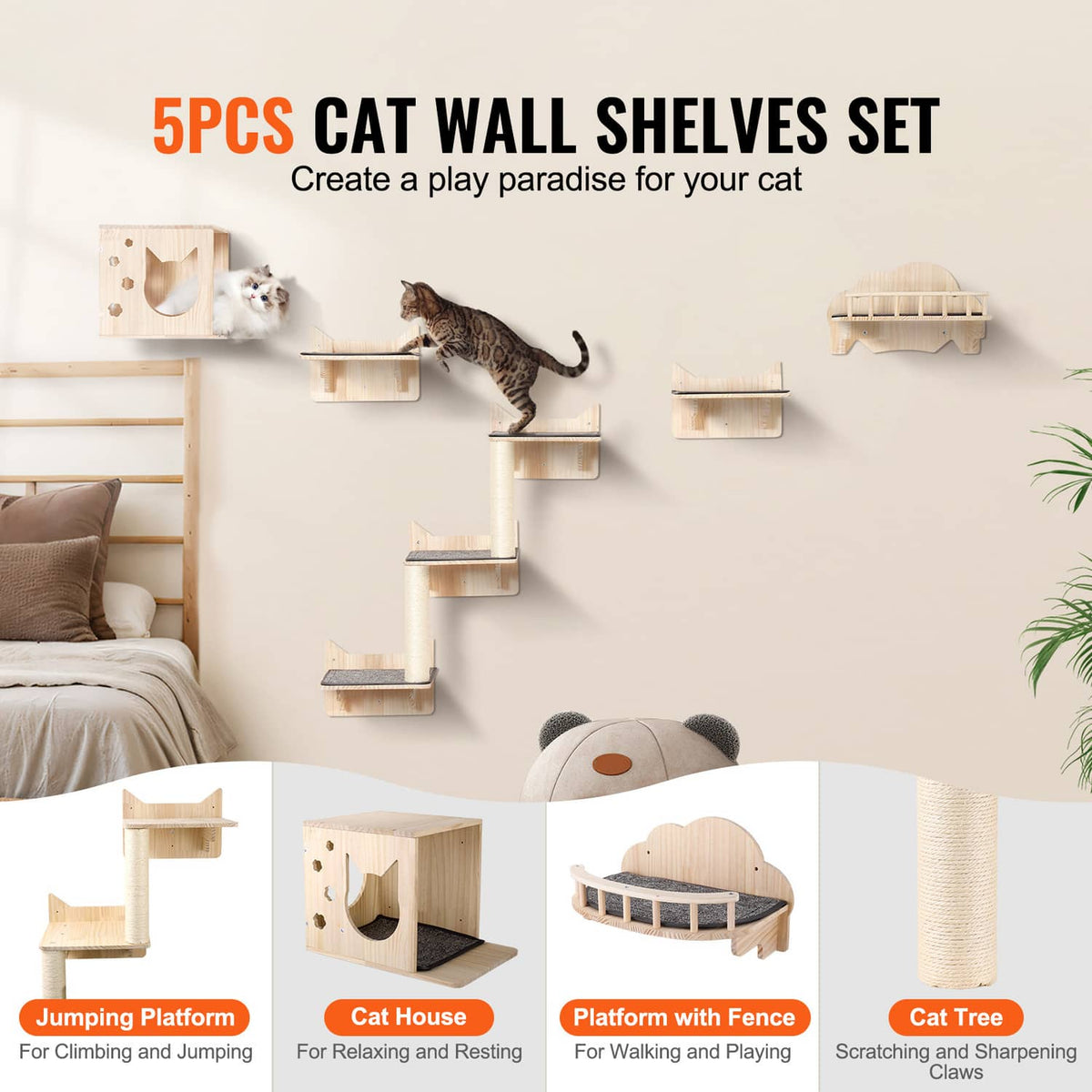 Wall cat shelves set of 5 with cat house, fenced platform, and natural wood climbing steps