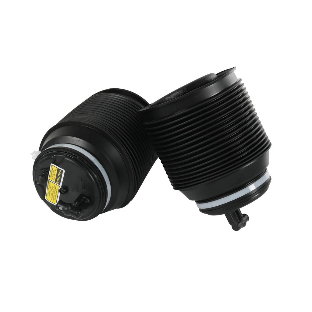 Pair of black air suspension spring bags, angled view of the rubber bellows and base.