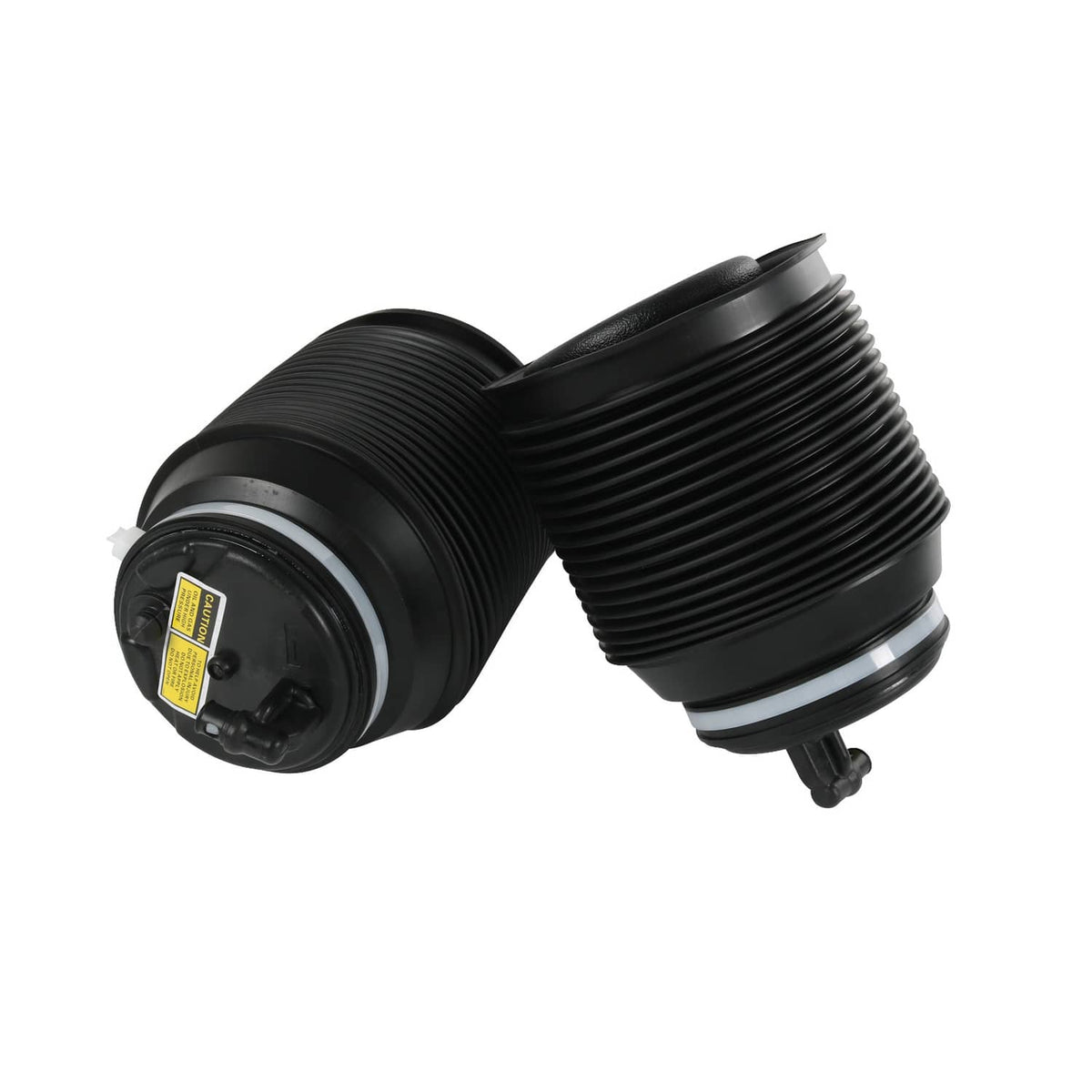 Pair of black air suspension spring bags, angled view of the rubber bellows and base.