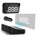 Black car heads-up display unit with digital speed readout and USB plug