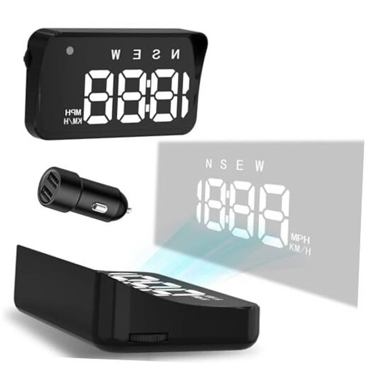 Black car heads-up display unit with digital speed readout and USB plug