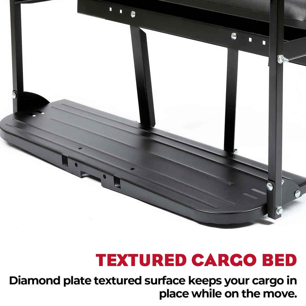 Black flip-folding rear back seat kit cargo platform with textured surface