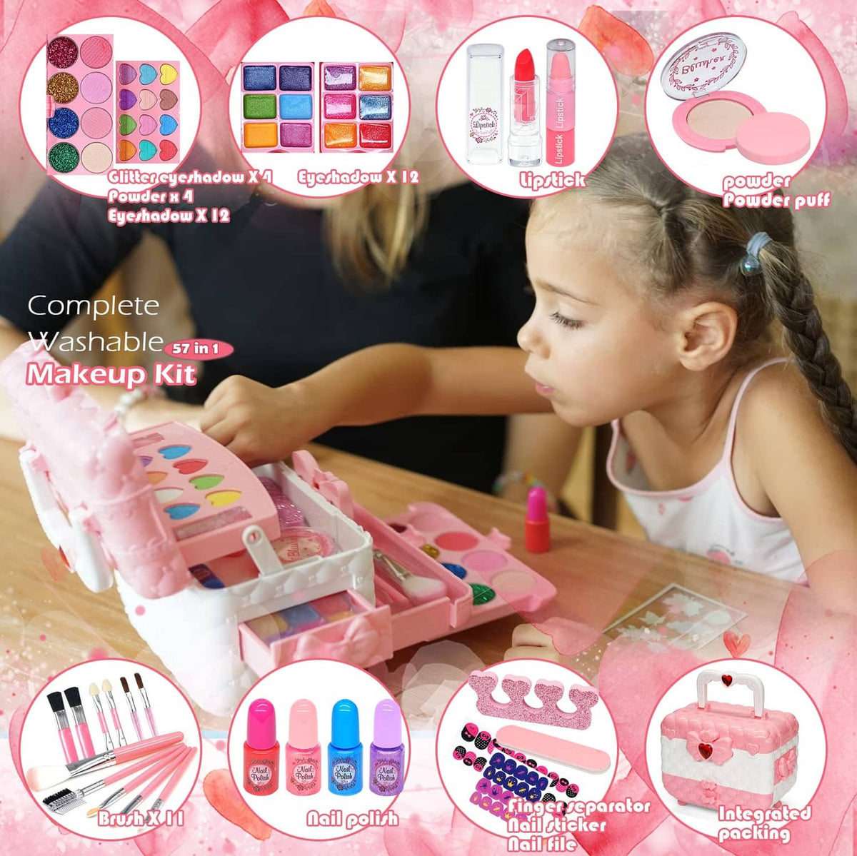 Pink kids makeup kit with color palettes, lip products, and mini tools in case