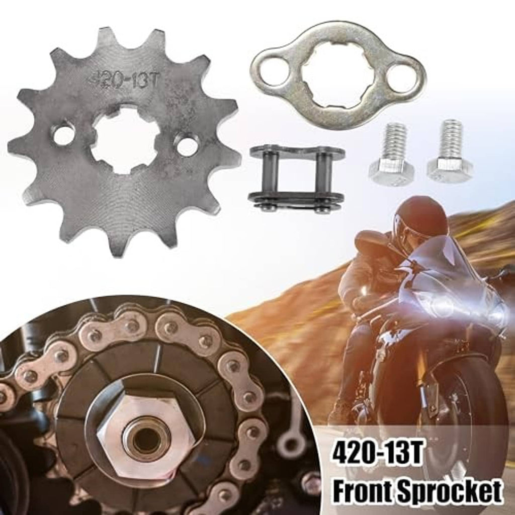 Front engine sprocket 420-13T with mounting bolts, chain hardware, and retaining ring