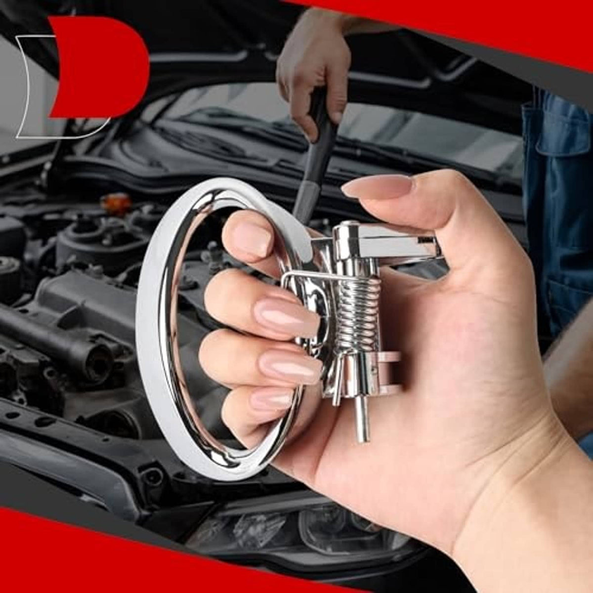 Interior door handle held by hands over engine bay, chrome and black spring mount