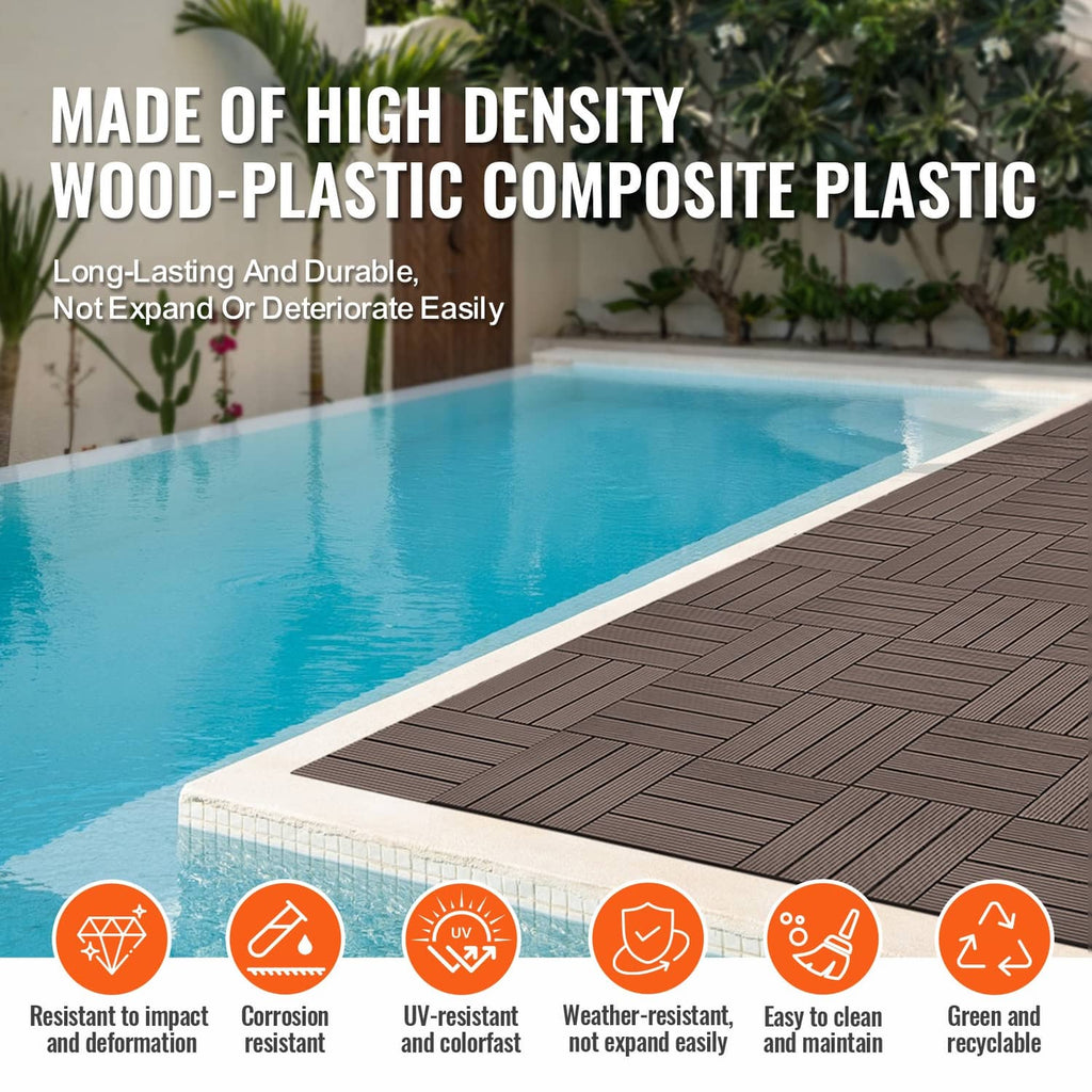 Brown interlocking deck tiles lining a pool deck with raised, textured surface