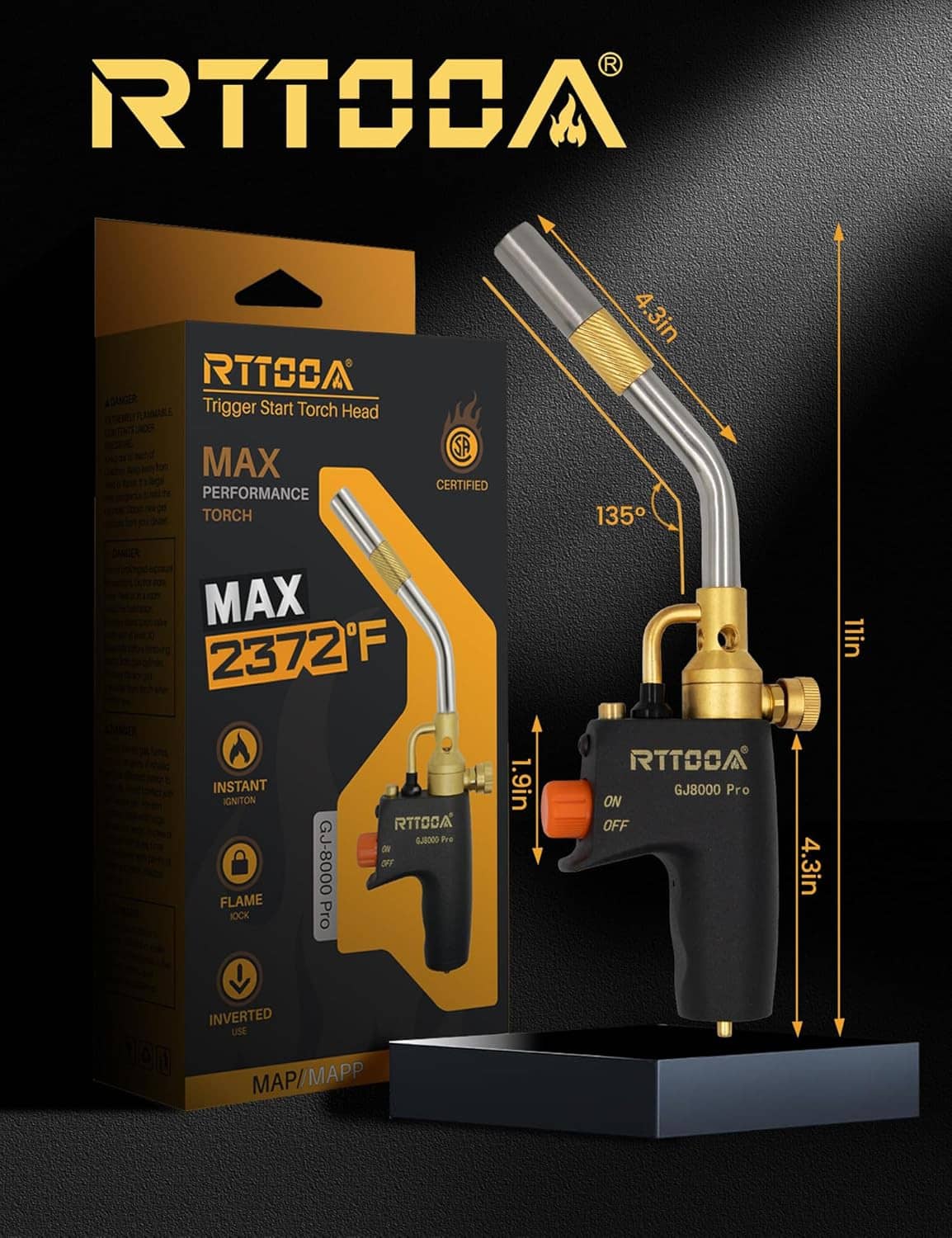 Propane torch head kit with box, gold nozzle and black trigger handle on stand.