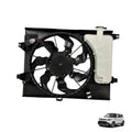 Radiator cooling fan assembly with black fan blades and white mounting reservoir