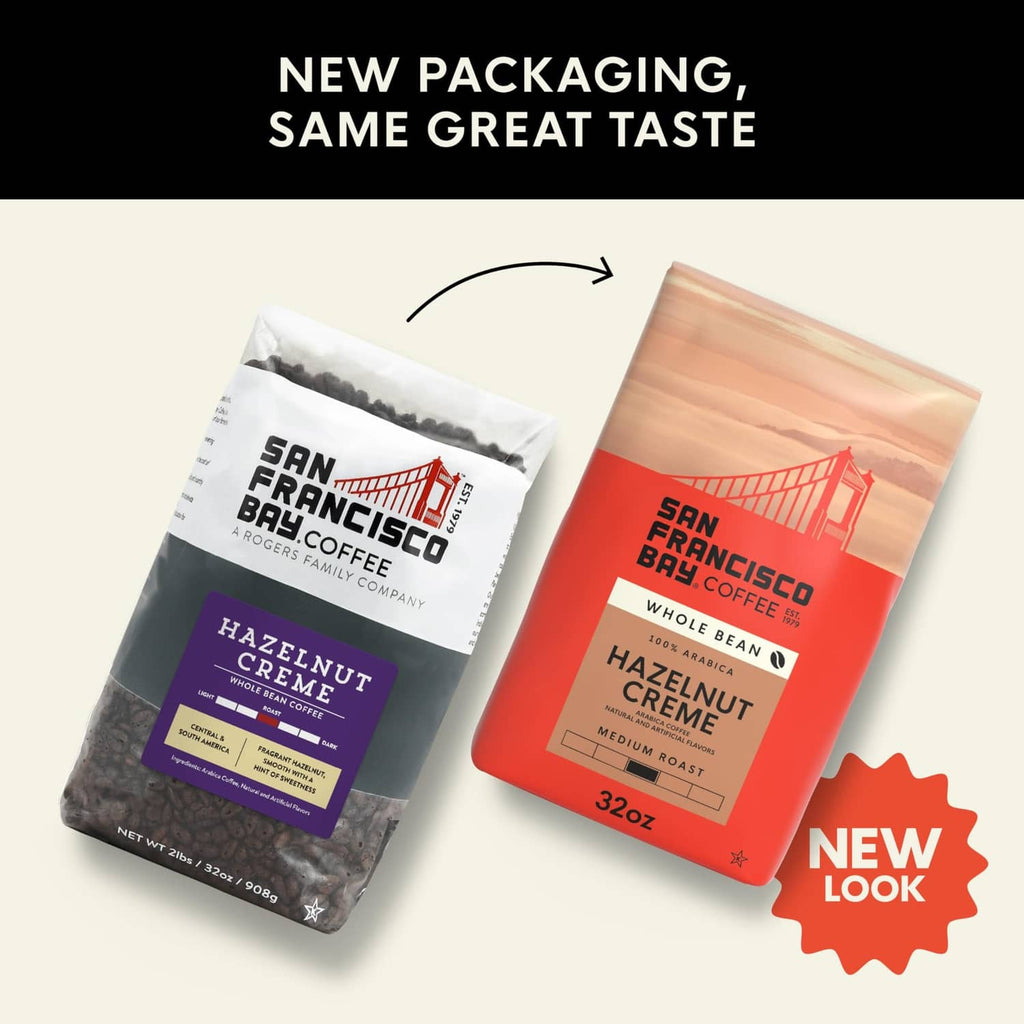 Hazelnut Creme whole bean coffee bags, 32 oz, new packaging look
