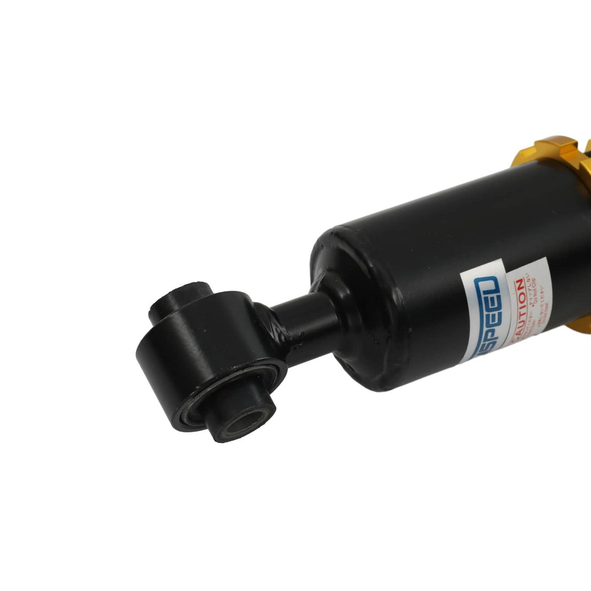 Coilover shock absorber with black body and mounting bushing, blue-and-red label