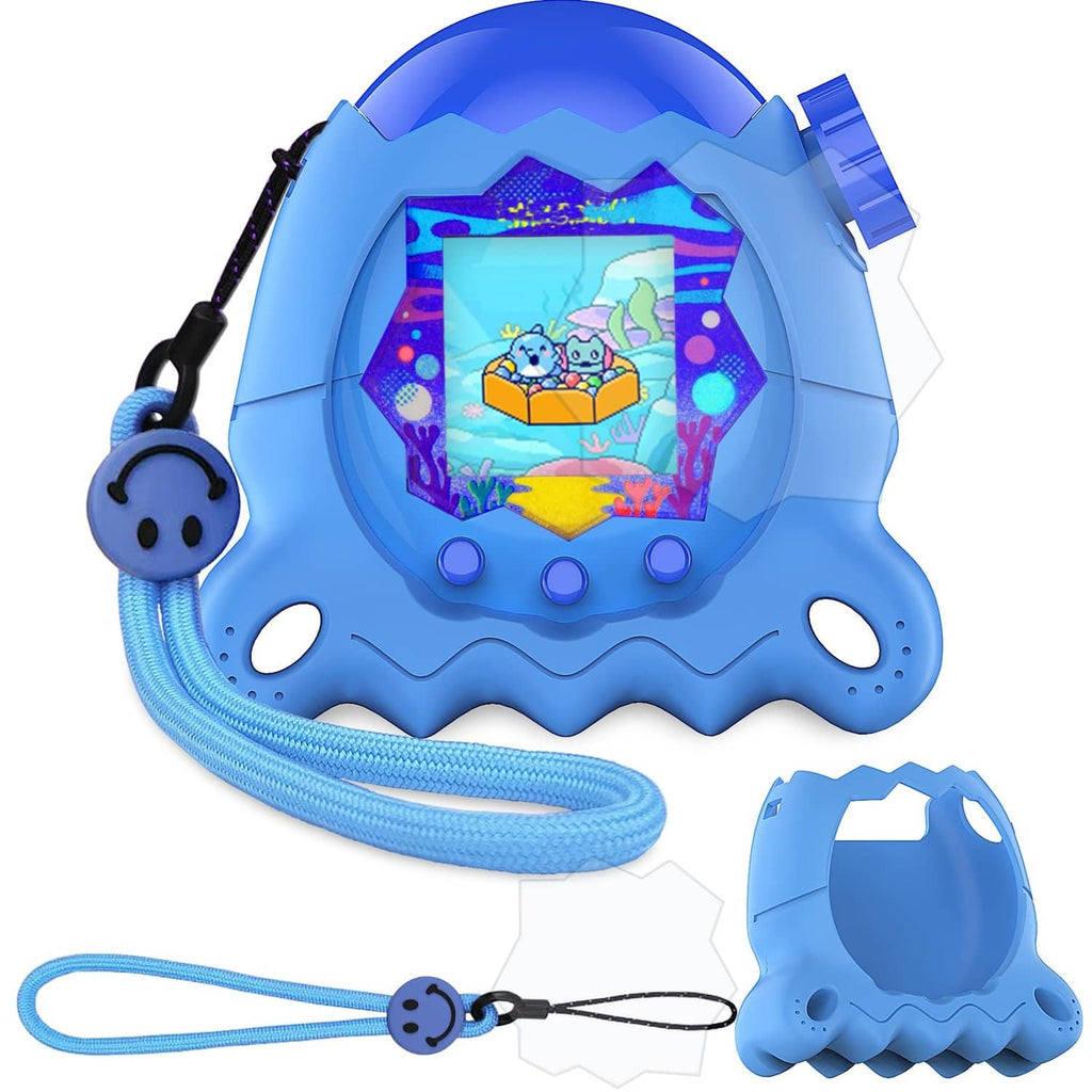 Blue silicone case with screen protector and lanyard for handheld toy