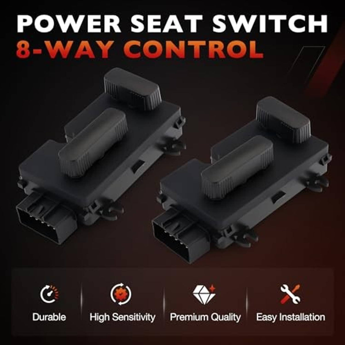 Two black power seat switch modules with 8-way control button tops