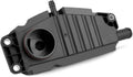 Black crankcase breather housing with round inlet and mounting tabs